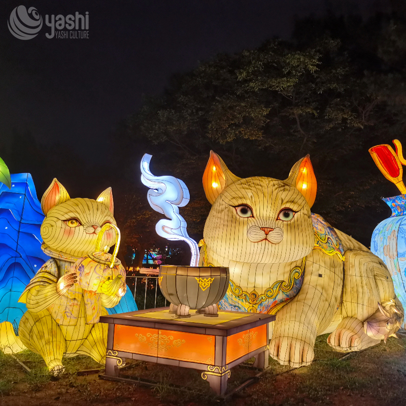 Custom Cartoon Cat Character Zigong Lantern Set, LED Animal Light Sculpture for Outdoor Park Night Festival
