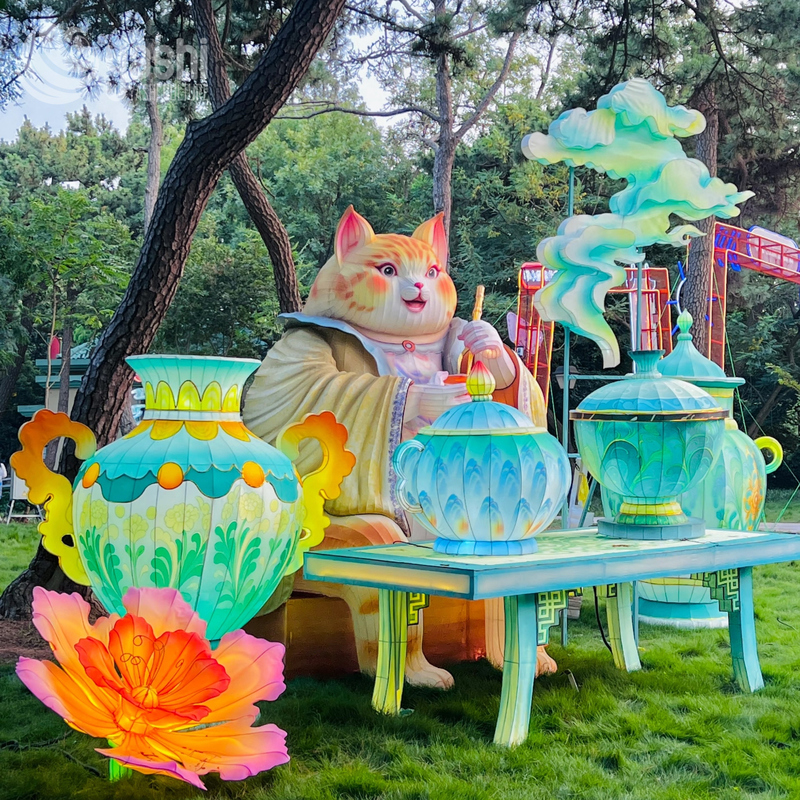 Custom Cartoon Cat Character Zigong Lantern Set, LED Animal Light Sculpture for Outdoor Park Night Festival