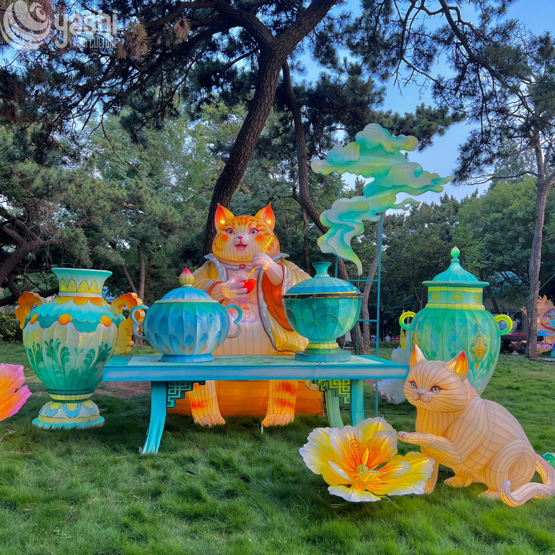 Custom Cartoon Cat Character Zigong Lantern Set, LED Animal Light Sculpture for Outdoor Park Night Festival