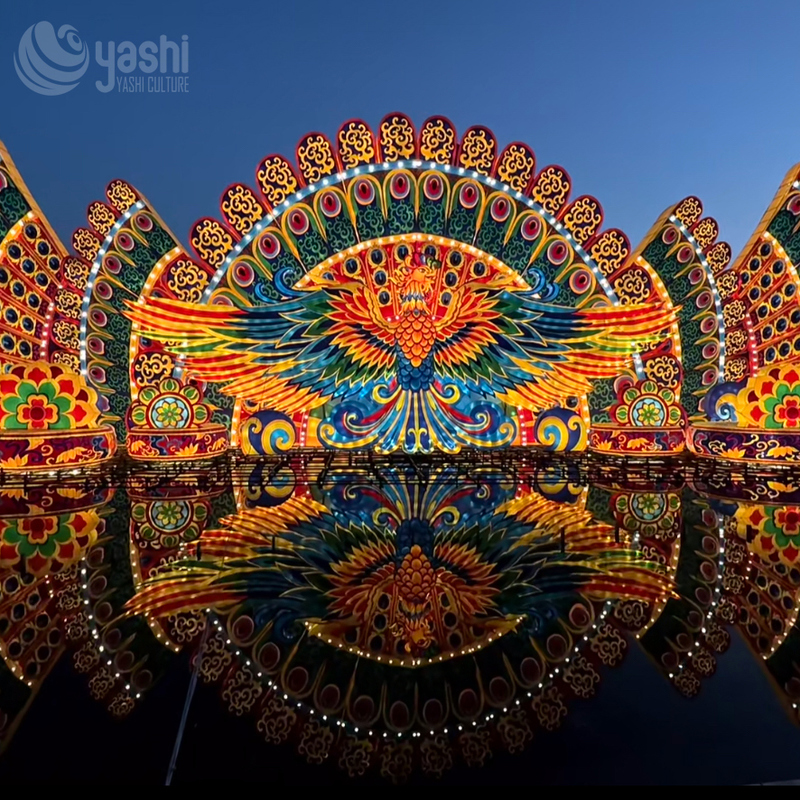Custom Peacock Fan Zigong Lantern, Giant Colorful Peacock Feather Light Sculpture, Waterproof Outdoor Water Reflection Festival Light Installation
