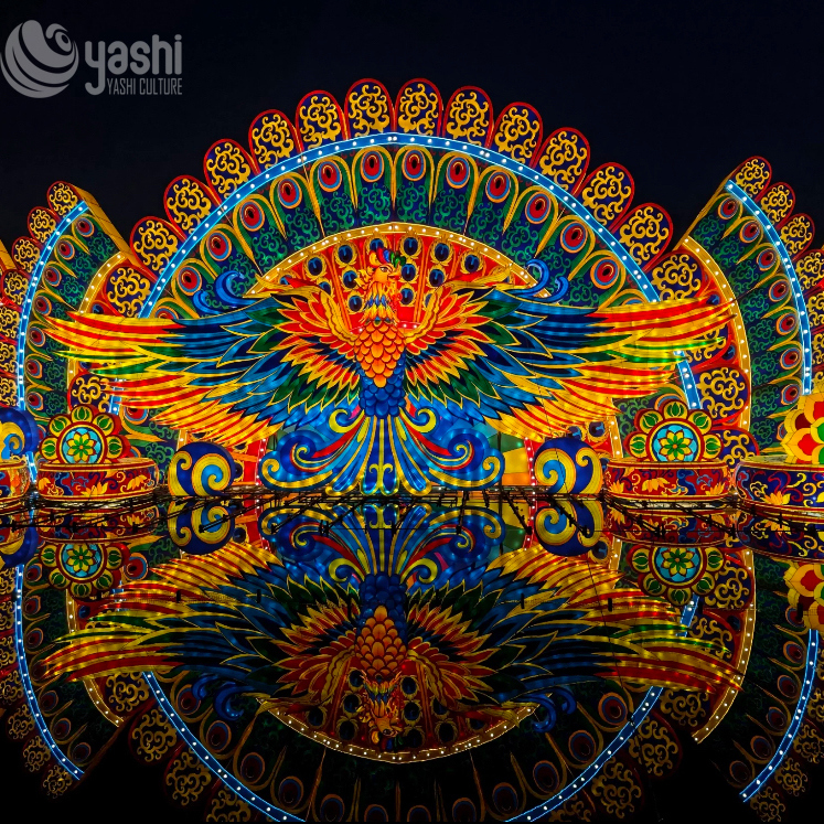 Custom Peacock Fan Zigong Lantern, Giant Colorful Peacock Feather Light Sculpture, Waterproof Outdoor Water Reflection Festival Light Installation