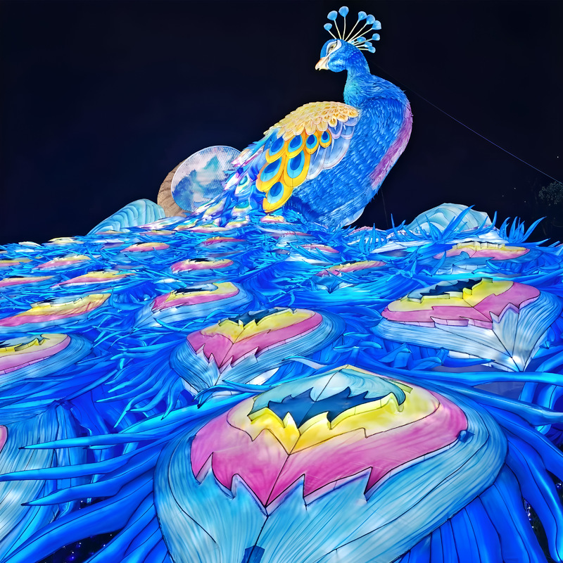 Custom Giant Peacock Zigong Lantern, Large Peacock Spreading Tail Silk Light Sculpture with Mountain & Moon Backdrop, Waterproof Outdoor Festival Light Exhibition