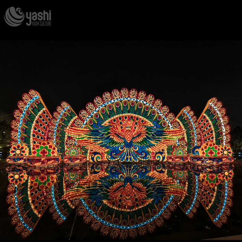 Custom Peacock Fan Zigong Lantern, Giant Colorful Peacock Feather Light Sculpture, Waterproof Outdoor Water Reflection Festival Light Installation