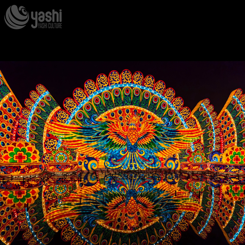Custom Peacock Fan Zigong Lantern, Giant Colorful Peacock Feather Light Sculpture, Waterproof Outdoor Water Reflection Festival Light Installation