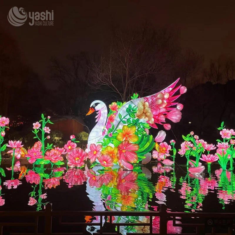 Custom White Swan & Flower Zigong Lantern, Water Landscape Light Sculpture, Waterproof Outdoor Lake Floating Festival Light Installation
