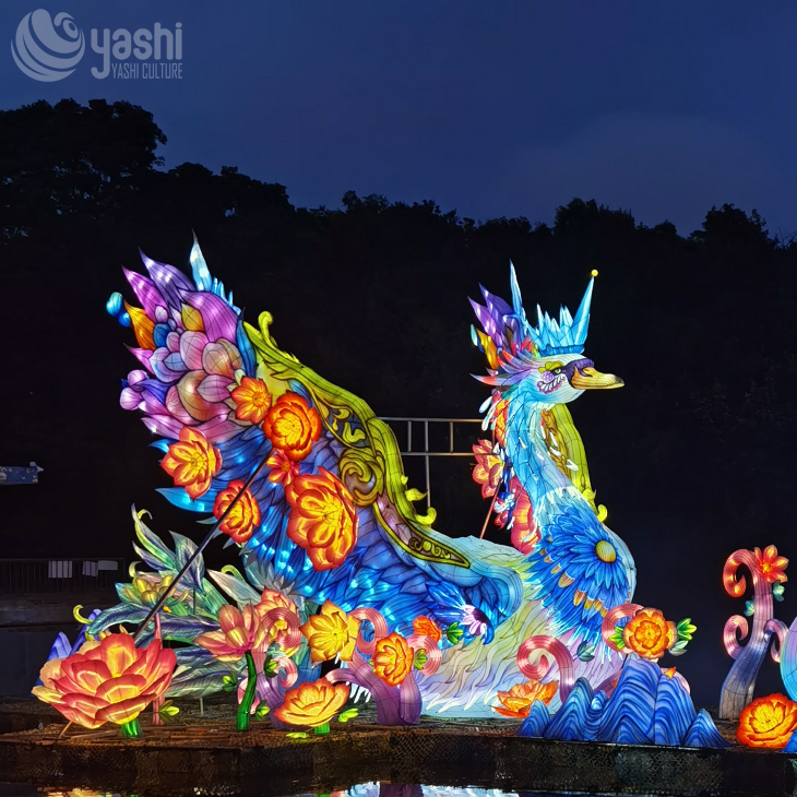 Custom Phoenix & Crown Swan Zigong Lantern Set, Floral Water Landscape Light Sculpture, Waterproof Outdoor Lake Festival Light Installation