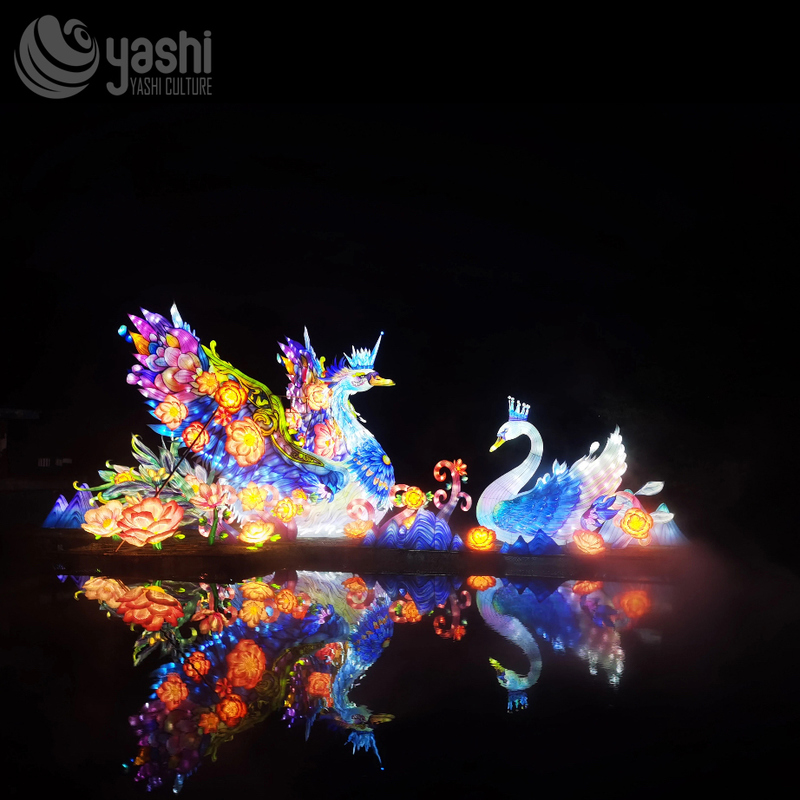 Custom Phoenix & Crown Swan Zigong Lantern Set, Floral Water Landscape Light Sculpture, Waterproof Outdoor Lake Festival Light Installation