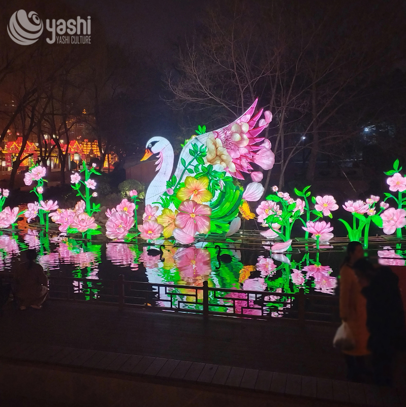 Custom White Swan & Flower Zigong Lantern, Water Landscape Light Sculpture, Waterproof Outdoor Lake Floating Festival Light Installation