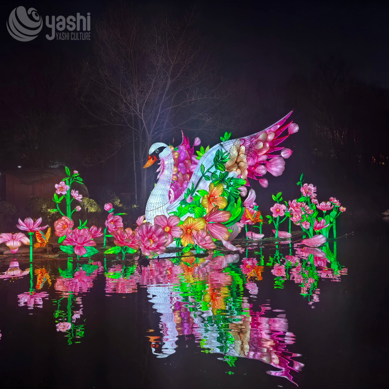 Custom White Swan & Flower Zigong Lantern, Water Landscape Light Sculpture, Waterproof Outdoor Lake Floating Festival Light Installation