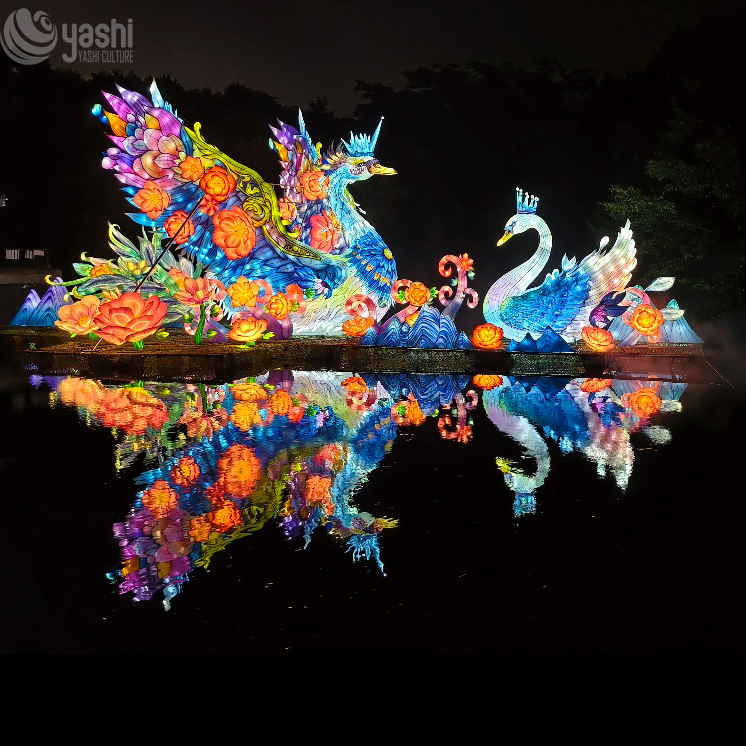 Custom Phoenix & Crown Swan Zigong Lantern Set, Floral Water Landscape Light Sculpture, Waterproof Outdoor Lake Festival Light Installation