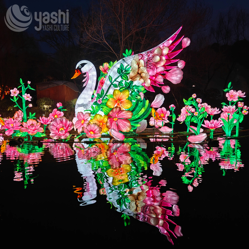 Custom White Swan & Flower Zigong Lantern, Water Landscape Light Sculpture, Waterproof Outdoor Lake Floating Festival Light Installation