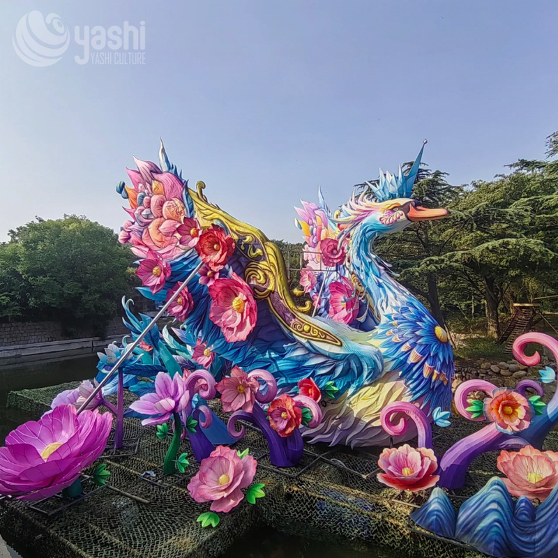 Custom Phoenix & Crown Swan Zigong Lantern Set, Floral Water Landscape Light Sculpture, Waterproof Outdoor Lake Festival Light Installation