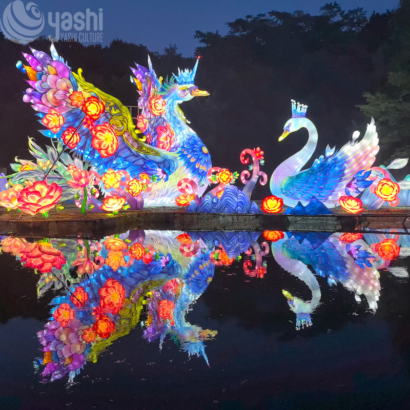 Custom Phoenix & Crown Swan Zigong Lantern Set, Floral Water Landscape Light Sculpture, Waterproof Outdoor Lake Festival Light Installation