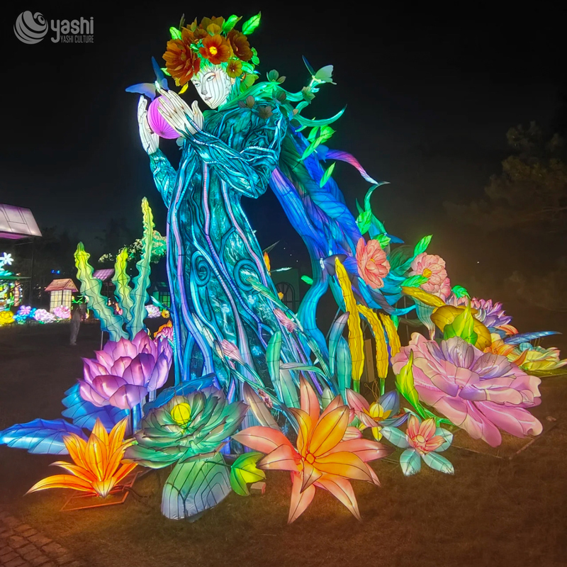 Custom Mother Nature Goddess Flower Zigong Lantern, Forest Dryad Floral LED Light Sculpture, Waterproof Outdoor Light Festival Decoration