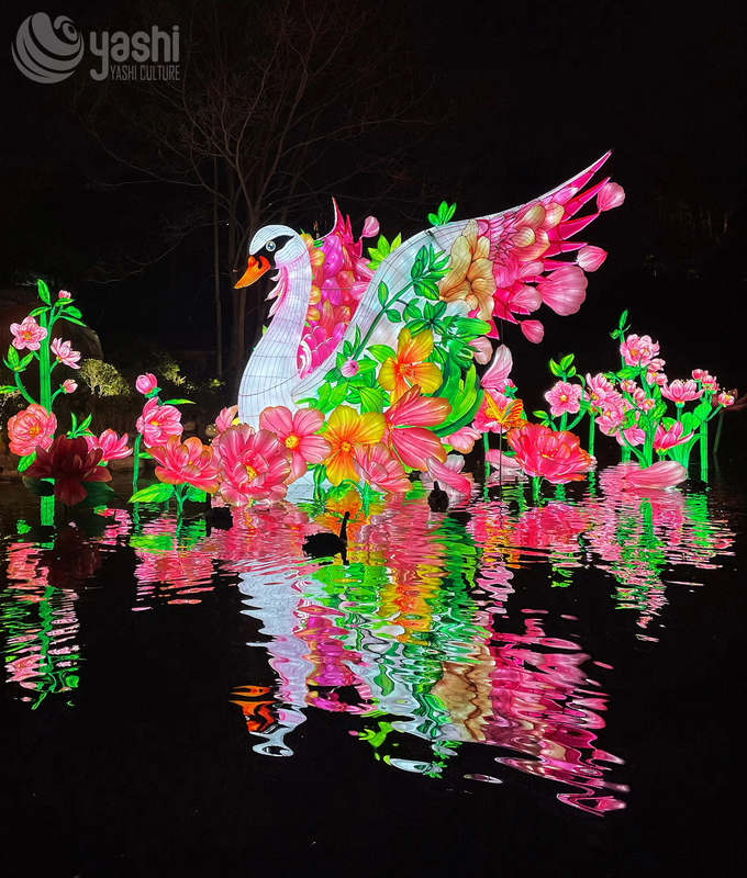 Custom White Swan & Flower Zigong Lantern, Water Landscape Light Sculpture, Waterproof Outdoor Lake Floating Festival Light Installation