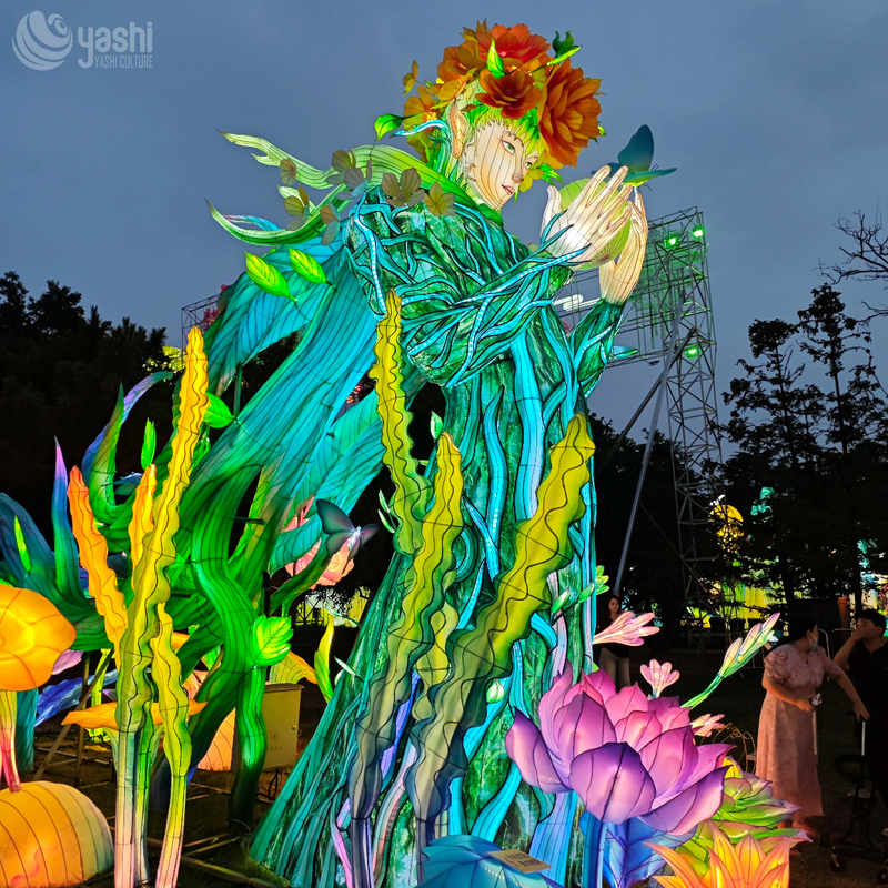 Custom Mother Nature Goddess Flower Zigong Lantern, Forest Dryad Floral LED Light Sculpture, Waterproof Outdoor Light Festival Decoration