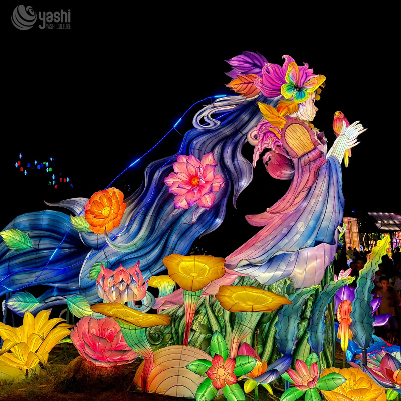 Custom Flower Fairy Girl Zigong Lantern, Floral Landscape Character Light Sculpture, Waterproof Outdoor Park Festival Light Installation