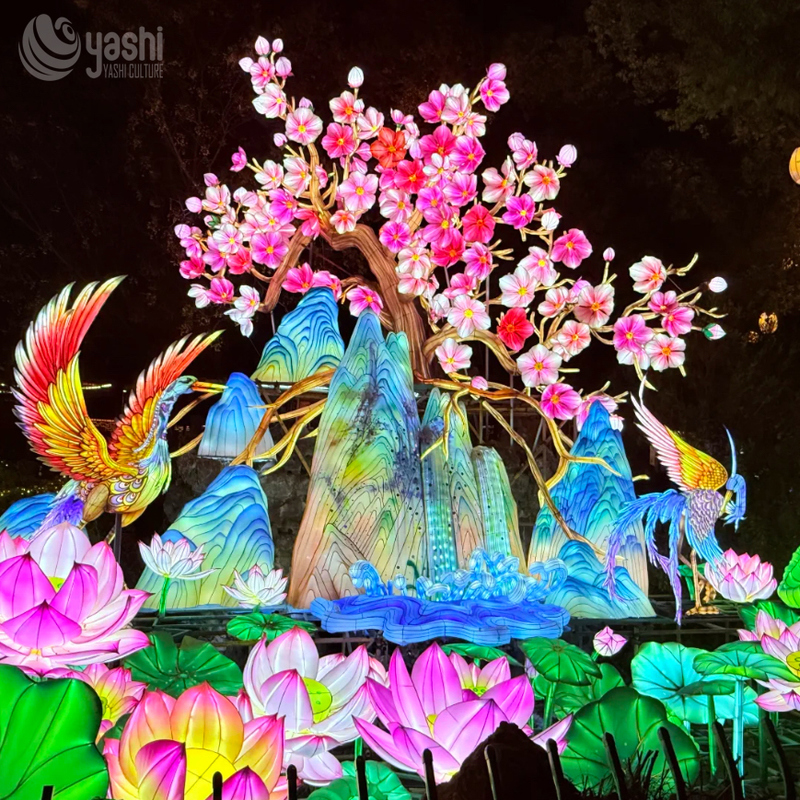 Chinese Landscape Zigong Lantern, Magpie Cherry Blossom Lotus Mountain Light Sculpture, Waterproof Outdoor Garden Festival Light Installation