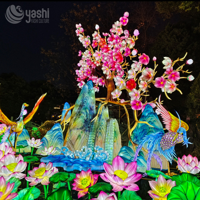 Chinese Landscape Zigong Lantern, Magpie Cherry Blossom Lotus Mountain Light Sculpture, Waterproof Outdoor Garden Festival Light Installation