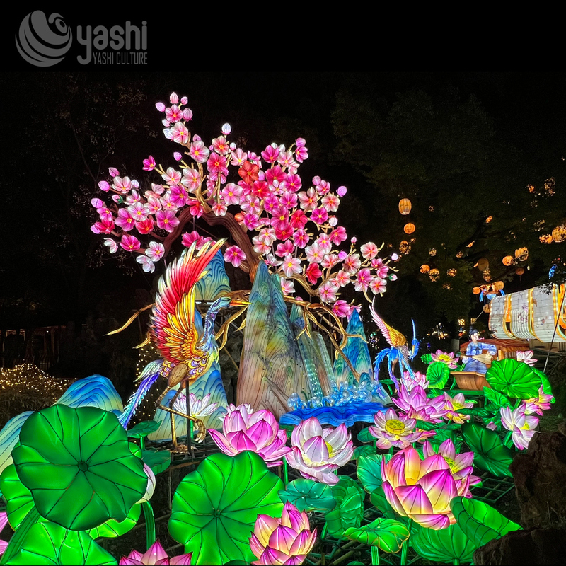 Chinese Landscape Zigong Lantern, Magpie Cherry Blossom Lotus Mountain Light Sculpture, Waterproof Outdoor Garden Festival Light Installation