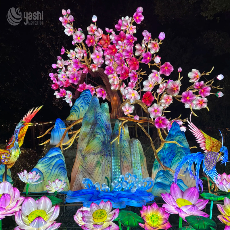 Chinese Landscape Zigong Lantern, Magpie Cherry Blossom Lotus Mountain Light Sculpture, Waterproof Outdoor Garden Festival Light Installation