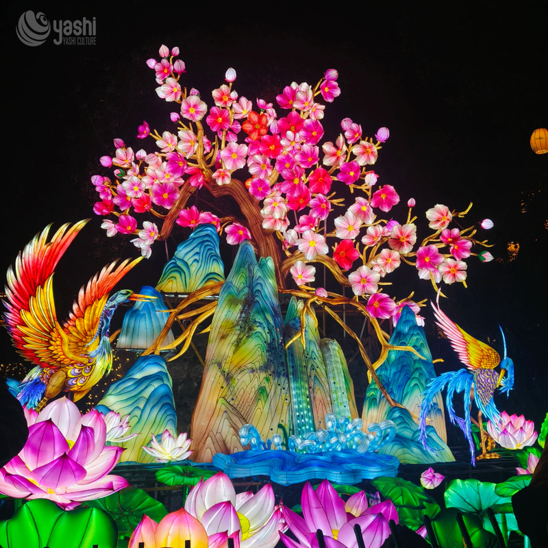 Chinese Landscape Zigong Lantern, Magpie Cherry Blossom Lotus Mountain Light Sculpture, Waterproof Outdoor Garden Festival Light Installation