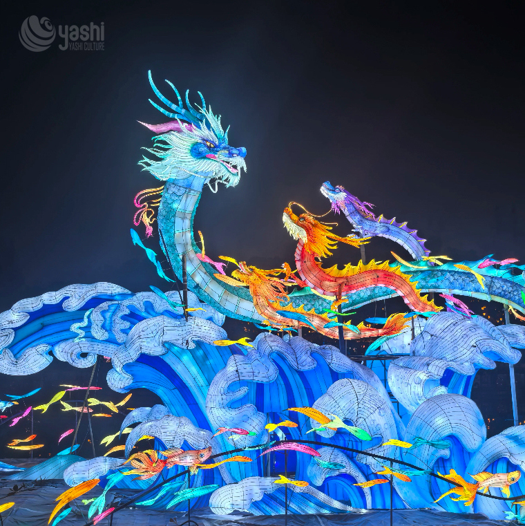 Custom Multi Chinese Dragons Zigong Lantern, Giant Dragon Wave Koi Fish Light Sculpture, Waterproof Outdoor Spring Festival Water Scene Light Installation