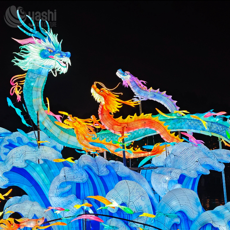 Custom Multi Chinese Dragons Zigong Lantern, Giant Dragon Wave Koi Fish Light Sculpture, Waterproof Outdoor Spring Festival Water Scene Light Installation