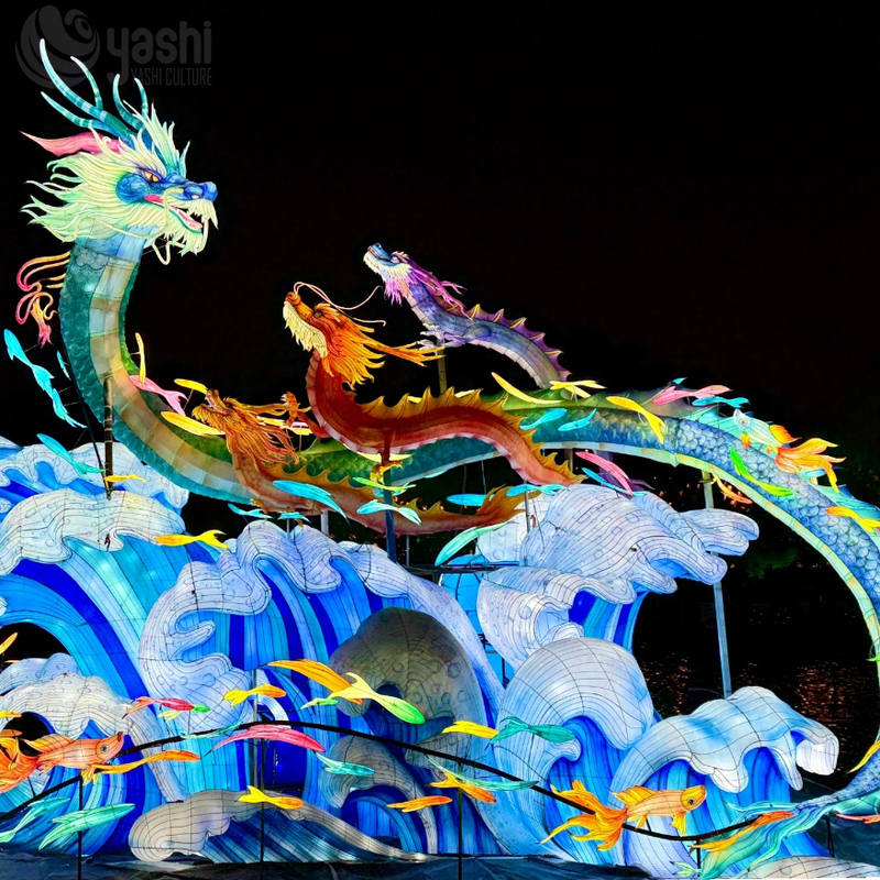 Custom Multi Chinese Dragons Zigong Lantern, Giant Dragon Wave Koi Fish Light Sculpture, Waterproof Outdoor Spring Festival Water Scene Light Installation