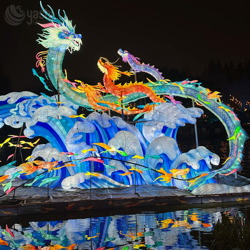 Custom Multi Chinese Dragons Zigong Lantern, Giant Dragon Wave Koi Fish Light Sculpture, Waterproof Outdoor Spring Festival Water Scene Light Installation