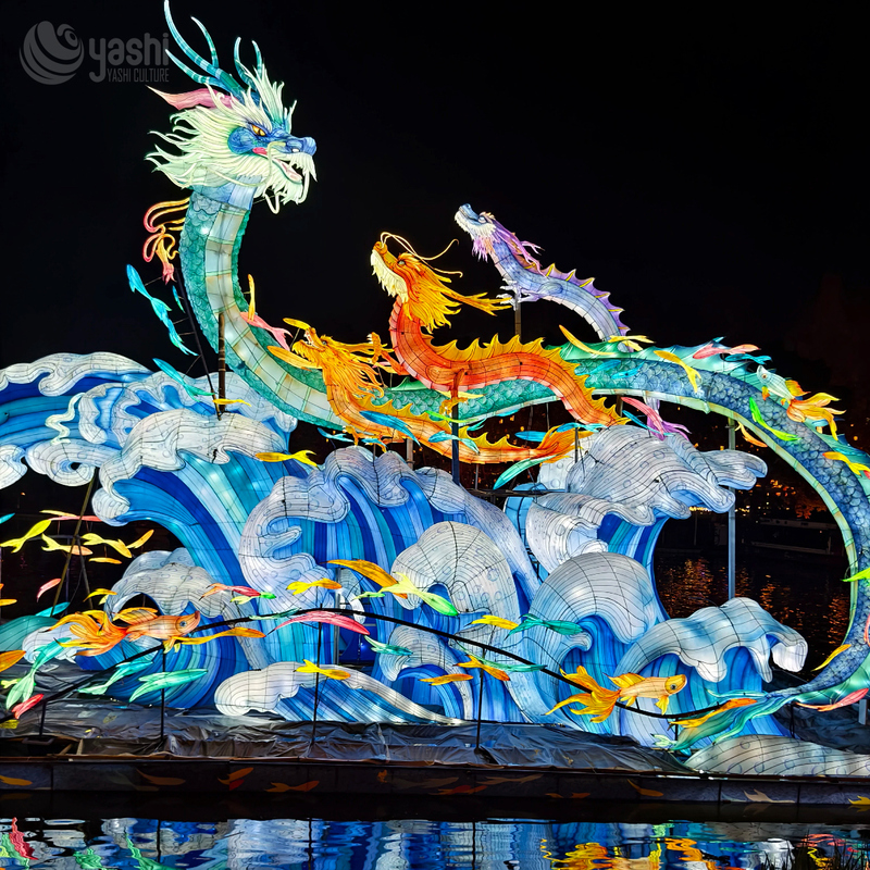 Custom Multi Chinese Dragons Zigong Lantern, Giant Dragon Wave Koi Fish Light Sculpture, Waterproof Outdoor Spring Festival Water Scene Light Installation