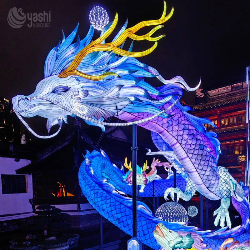 Custom Chinese Dragon Zigong Lantern, Giant Blue Spirit Dragon Light Sculpture, Waterproof Outdoor Water Scene Festival Light Installation