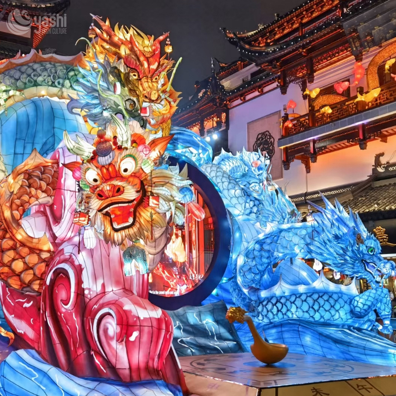 Custom Multi-Dragon Arch Zigong Lantern, Chinese Dragon Gate Silk Light Sculpture Set, Waterproof Large Outdoor Festival Lantern Display for Spring Festival Light Show