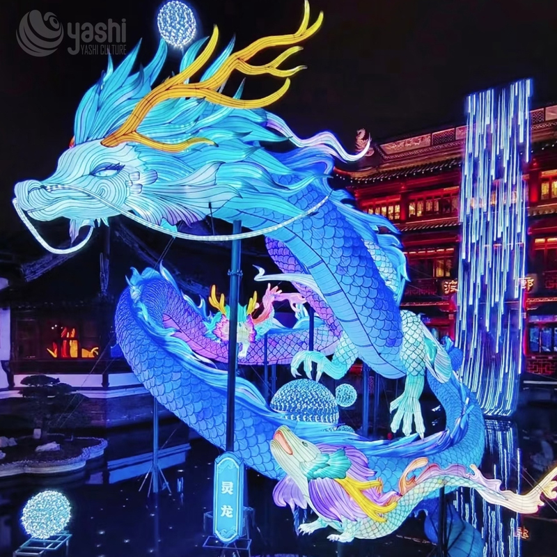Custom Chinese Dragon Zigong Lantern, Giant Blue Spirit Dragon Light Sculpture, Waterproof Outdoor Water Scene Festival Light Installation
