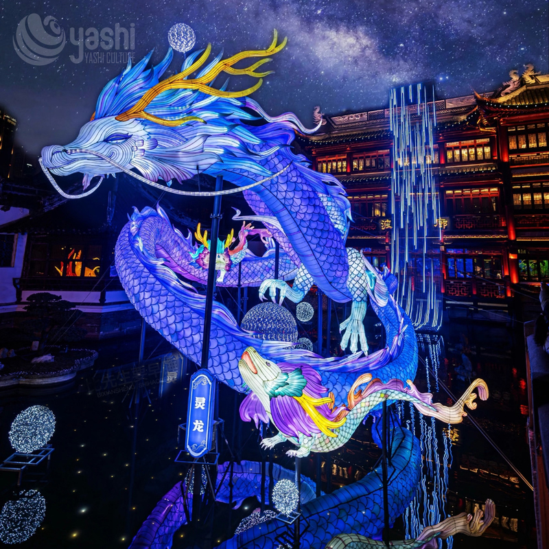 Custom Chinese Dragon Zigong Lantern, Giant Blue Spirit Dragon Light Sculpture, Waterproof Outdoor Water Scene Festival Light Installation