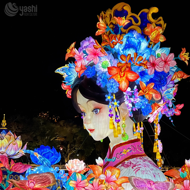 Custom Giant Oriental Beauty Zigong Lantern, Traditional Chinese Character Silk Lantern With Lotus Lights For Water Park Festival Exhibition, Waterproof Outdoor Light Sculpture