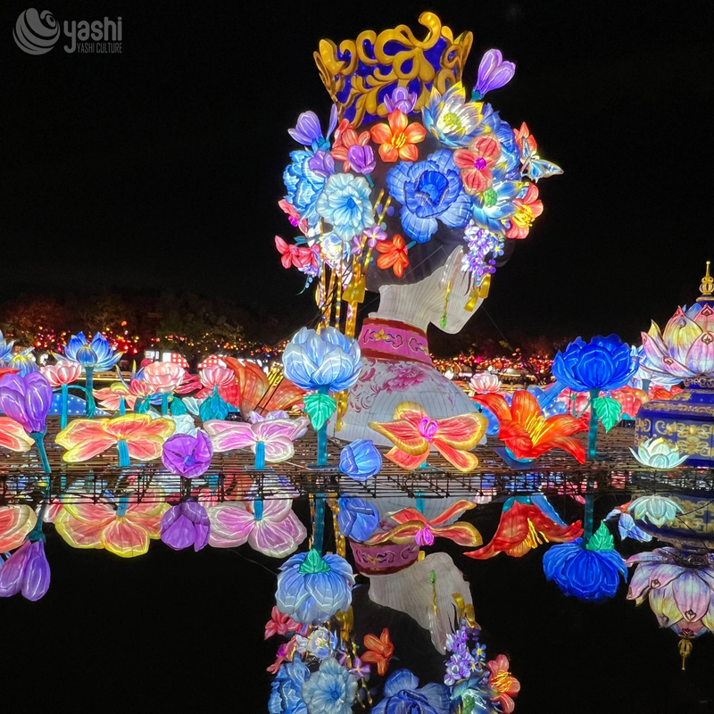 Custom Giant Oriental Beauty Zigong Lantern, Traditional Chinese Character Silk Lantern With Lotus Lights For Water Park Festival Exhibition, Waterproof Outdoor Light Sculpture