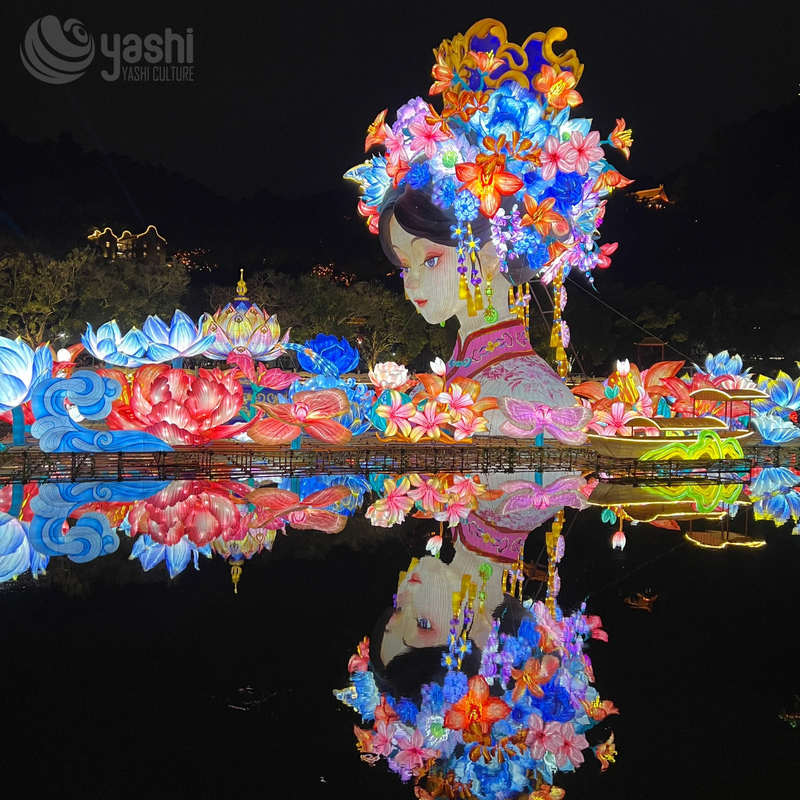 Custom Giant Oriental Beauty Zigong Lantern, Traditional Chinese Character Silk Lantern With Lotus Lights For Water Park Festival Exhibition, Waterproof Outdoor Light Sculpture