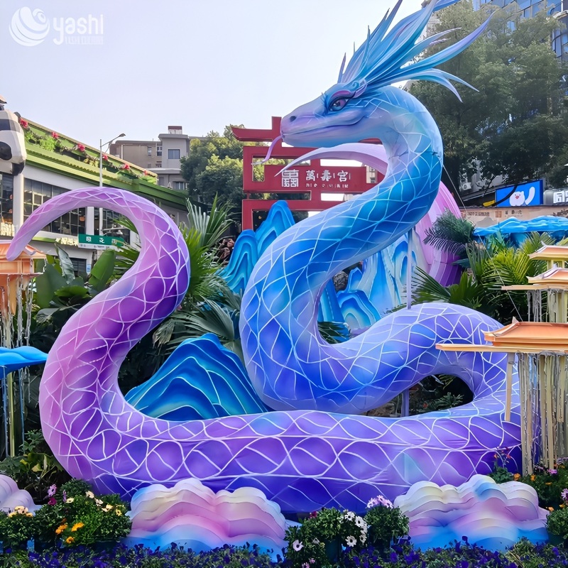 Custom Gradient Chinese Divine Snake Zigong Lantern, Giant Mythical Serpent Light Sculpture with Mountain & Cloud Decor, Waterproof Outdoor Year of Snake Festival Light Display