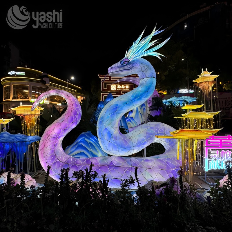 Custom Gradient Chinese Divine Snake Zigong Lantern, Giant Mythical Serpent Light Sculpture with Mountain & Cloud Decor, Waterproof Outdoor Year of Snake Festival Light Display