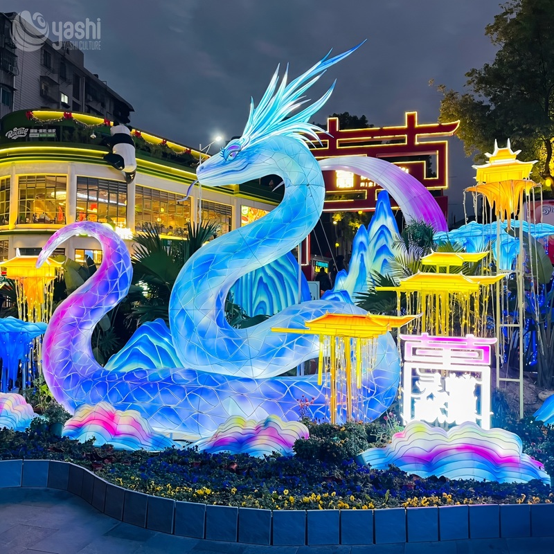 Custom Gradient Chinese Divine Snake Zigong Lantern, Giant Mythical Serpent Light Sculpture with Mountain & Cloud Decor, Waterproof Outdoor Year of Snake Festival Light Display