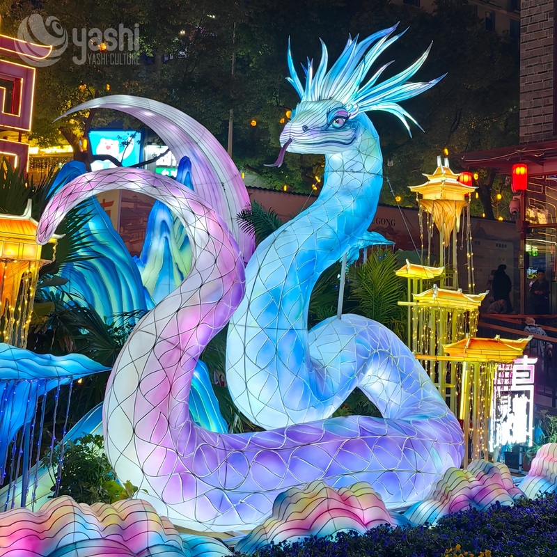 Custom Gradient Chinese Divine Snake Zigong Lantern, Giant Mythical Serpent Light Sculpture with Mountain & Cloud Decor, Waterproof Outdoor Year of Snake Festival Light Display