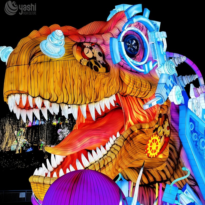 Custom Steampunk T‑Rex Dinosaur Zigong Lantern, Gear Mechanical Style Dinosaur LED Light Sculpture, Waterproof Outdoor Theme Park Light Installation