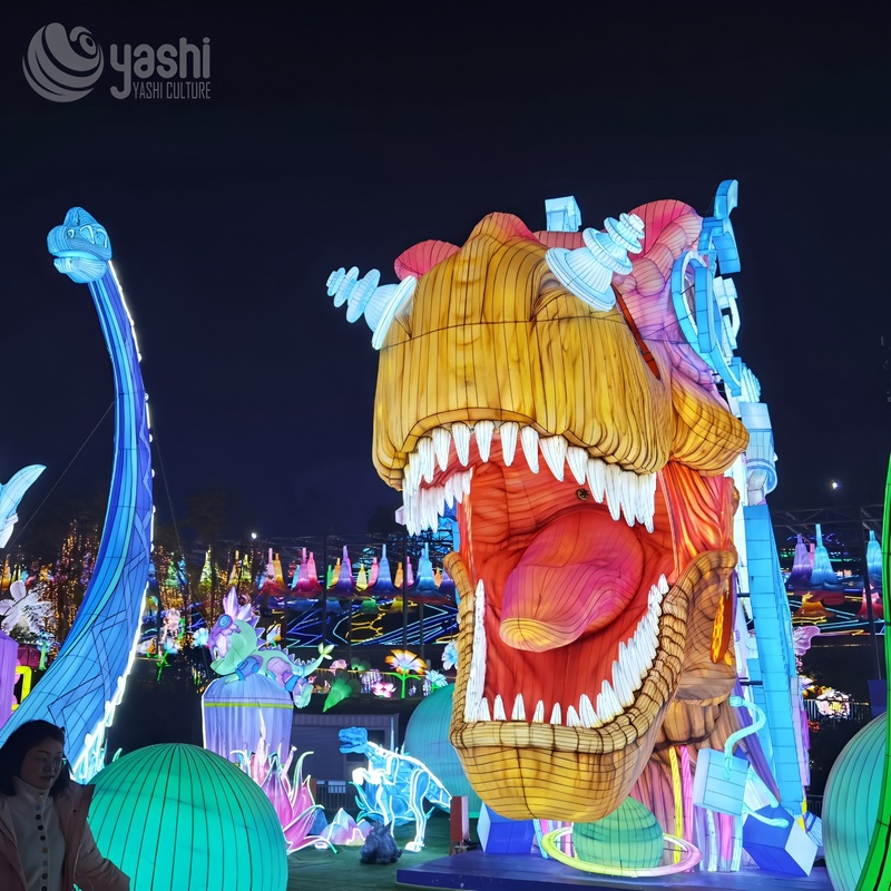 Custom Steampunk T‑Rex Dinosaur Zigong Lantern, Gear Mechanical Style Dinosaur LED Light Sculpture, Waterproof Outdoor Theme Park Light Installation