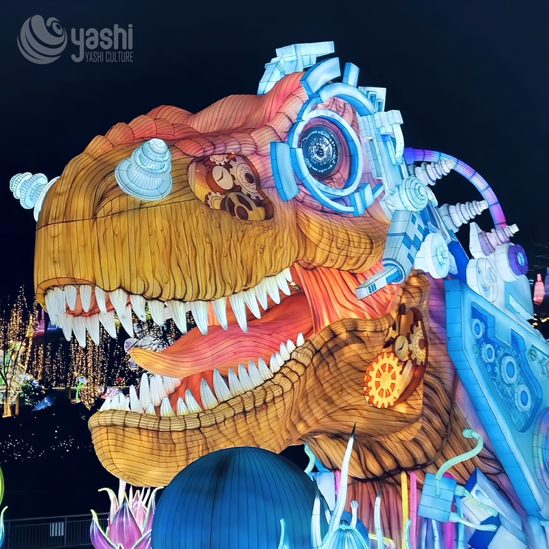 Custom Steampunk T‑Rex Dinosaur Zigong Lantern, Gear Mechanical Style Dinosaur LED Light Sculpture, Waterproof Outdoor Theme Park Light Installation