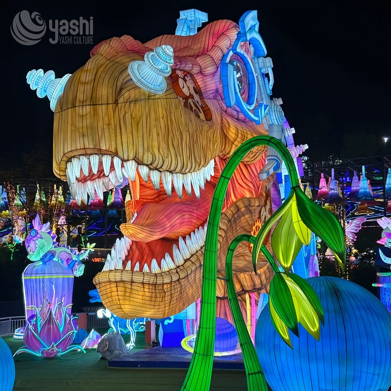 Custom Steampunk T‑Rex Dinosaur Zigong Lantern, Gear Mechanical Style Dinosaur LED Light Sculpture, Waterproof Outdoor Theme Park Light Installation