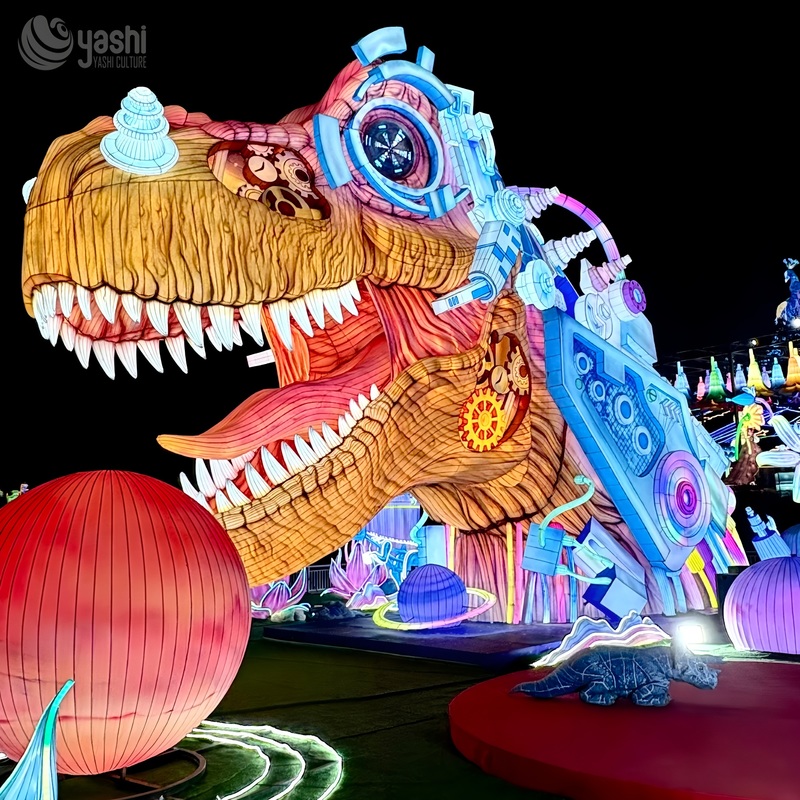 Custom Steampunk T‑Rex Dinosaur Zigong Lantern, Gear Mechanical Style Dinosaur LED Light Sculpture, Waterproof Outdoor Theme Park Light Installation
