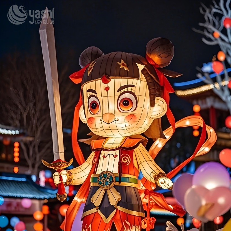 Custom Nezha Cartoon Character Zigong Lantern, Giant Chinese Myth Figure Light Sculpture, Waterproof Outdoor Temple Town Festival Light Decoration