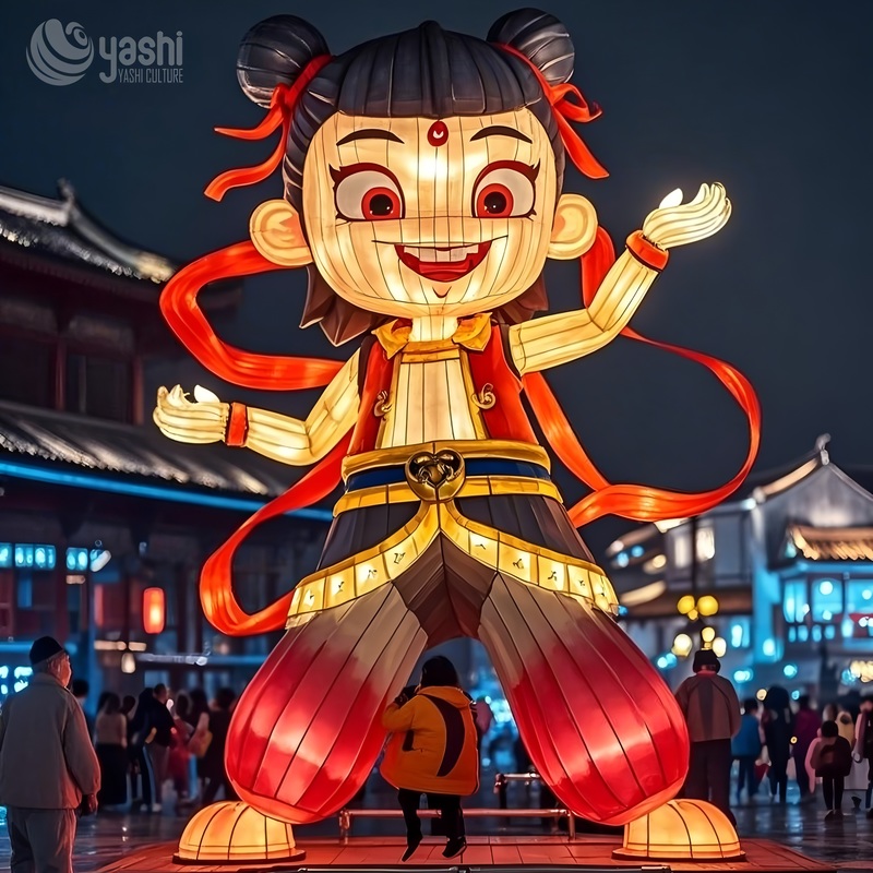 Custom Nezha Cartoon Character Zigong Lantern, Giant Chinese Myth Figure Light Sculpture, Waterproof Outdoor Temple Town Festival Light Decoration