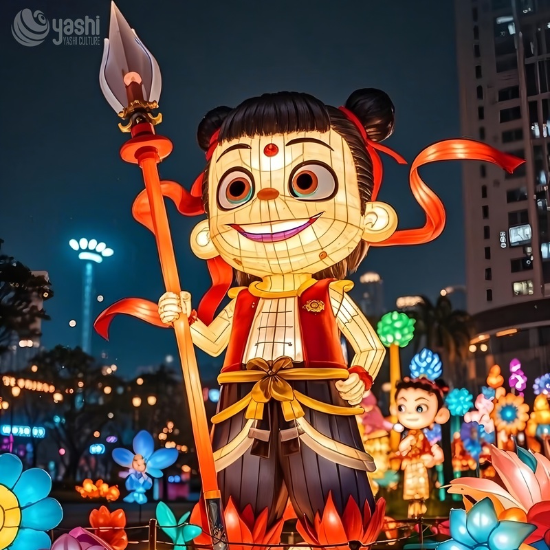 Custom Nezha Cartoon Character Zigong Lantern, Giant Chinese Myth Figure Light Sculpture, Waterproof Outdoor Temple Town Festival Light Decoration